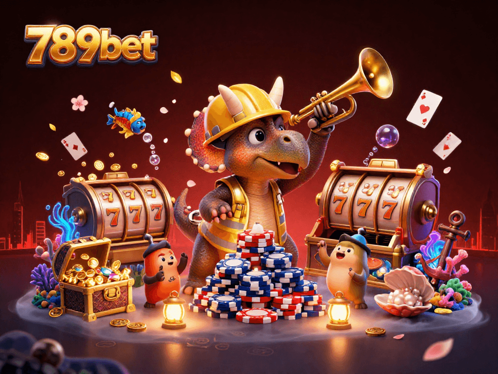 Experience thrilling 789bet gaming as a triceratops builds poker chip towers amid a vibrant casino scene.