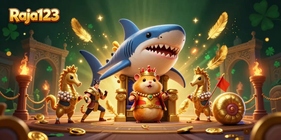 Experience thrilling gaming adventures at Raja123 with a royal hamster king amidst rich casino imagery.
