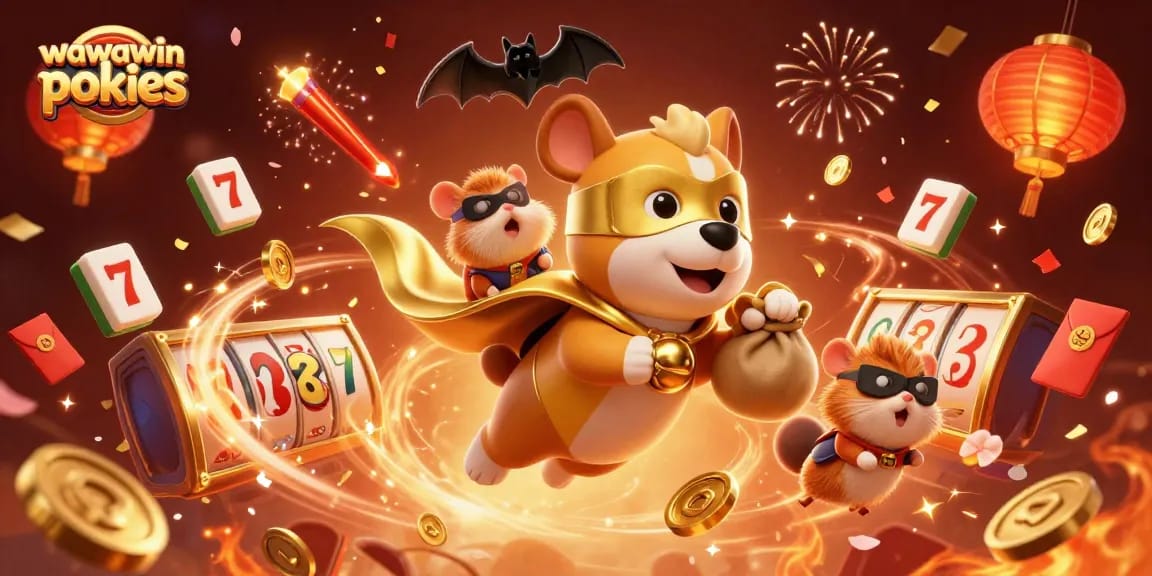 Experience the excitement of wawawin pokies with a vibrant 3D illustration of a heroic dog and sidekick.