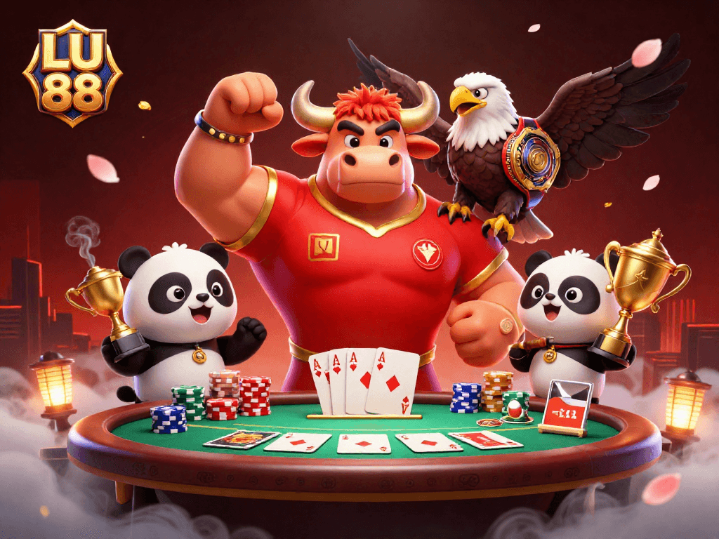 Experience the thrill of LU 88 with a vibrant casino battle scene featuring colorful poker chips and dynamic characters.