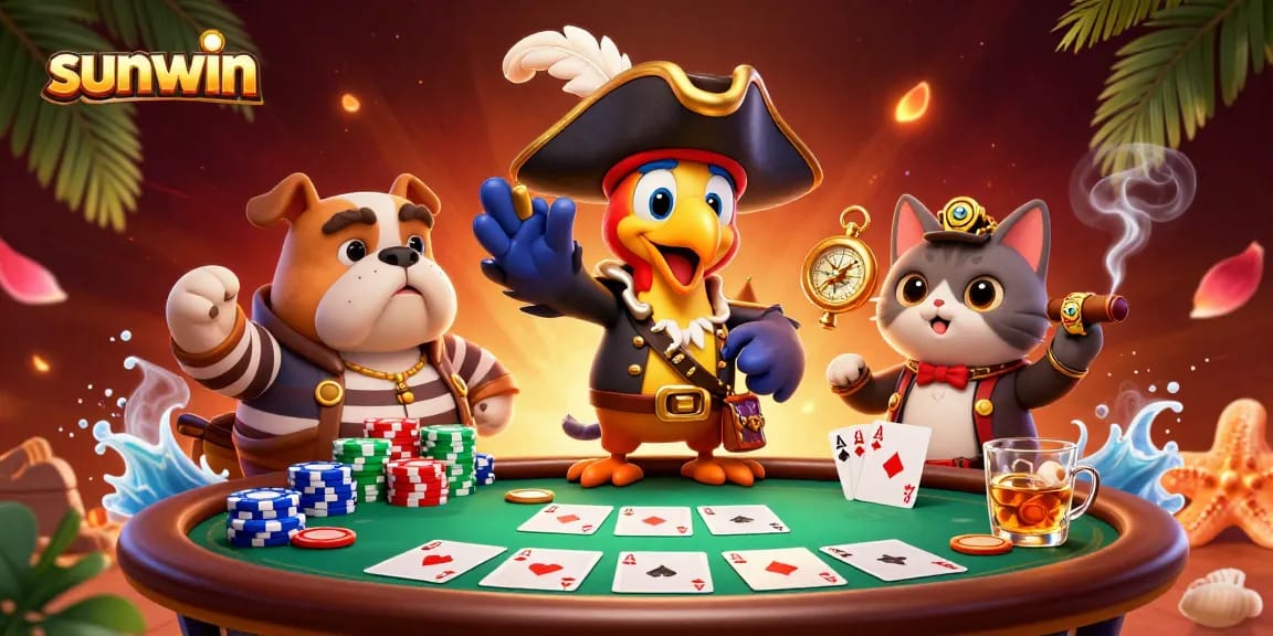 Win at Sunwin with an exciting scene featuring pirate-themed casino games and vibrant characters.