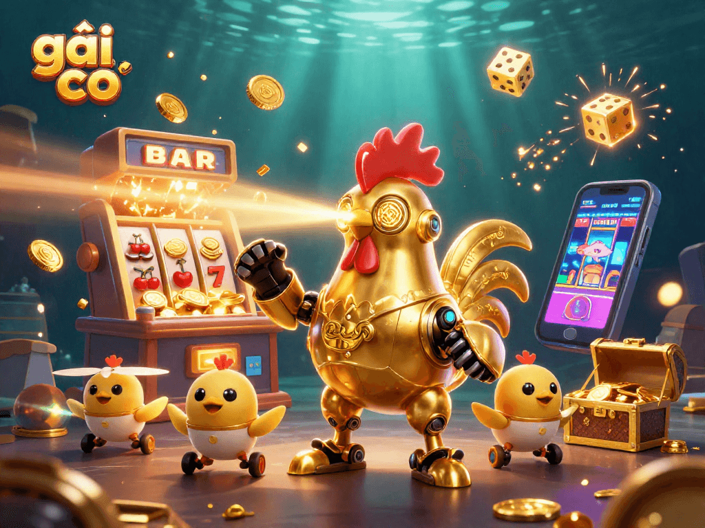 Gái gọi trải nghiệm casino với robot gà vàng và máy slot kèm hiệu ứng pháo cực kỳ sống động.