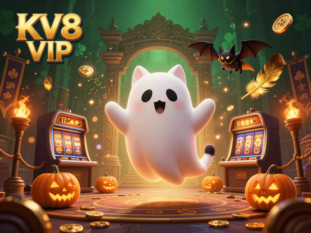 Engage in the KV8 VIP experience with a ghost cat exploring a haunted casino, surrounded by playful jack-o-lanterns.