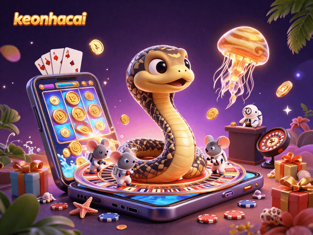 Engage in thrilling keonhacai gaming with 3D cosmic characters and vibrant casino elements.