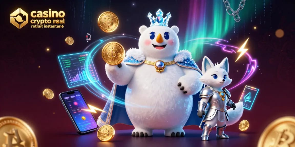 Retirez instantanément vos gains avec un casino crypto retrait instantané, illustré par un ours polaire royal et son renard armé.