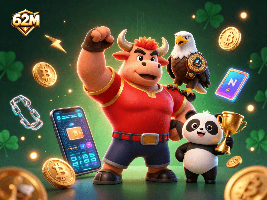 Aposte no 62M com um mascote touro e moedas digitais brilhantes em um cassino virtual