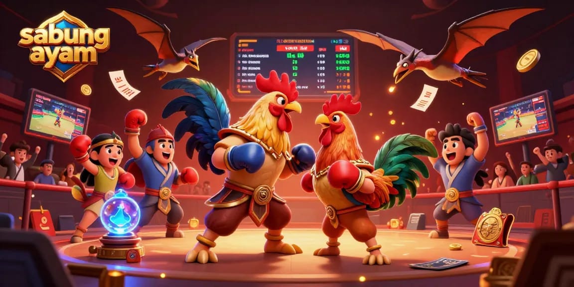 Sabung ayam warriors engage in an exciting cockfighting battle, collecting bets amid cheers in a digital arena.