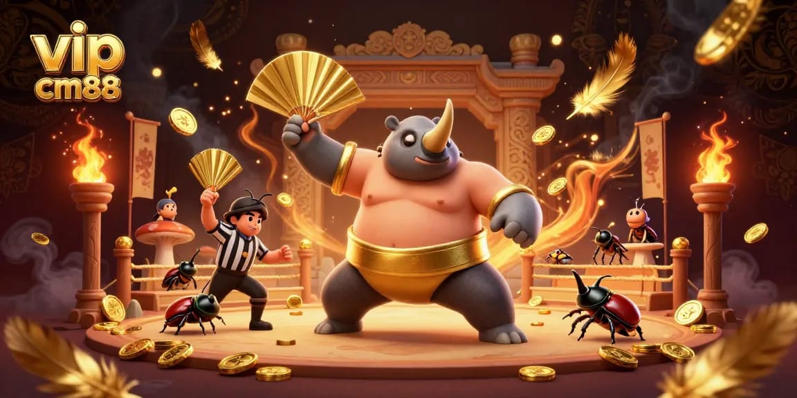 Join the excitement at vip cm88 with a lively 3D illustration of a beetle sumo championship.