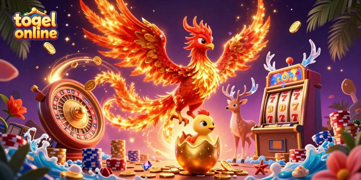 Experience the excitement of togel online in a vibrant 3D illustration featuring a phoenix and casino elements.