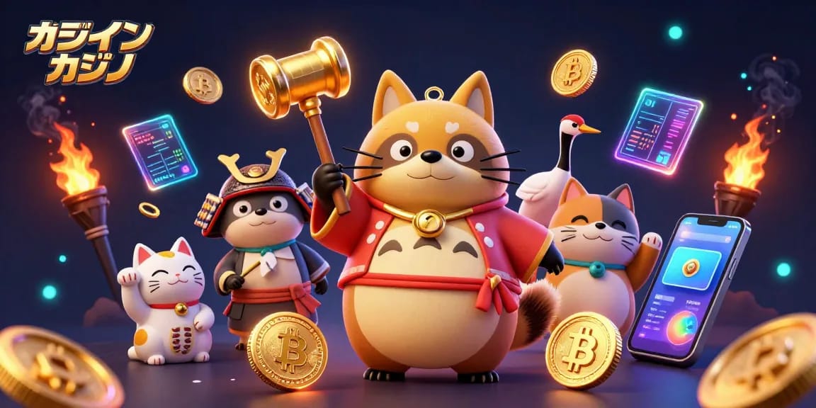 オンライン カジノで遊ぶためにカラフルな招き猫と共に楽しいタヌキが幸運の金槌を持っているシーン。