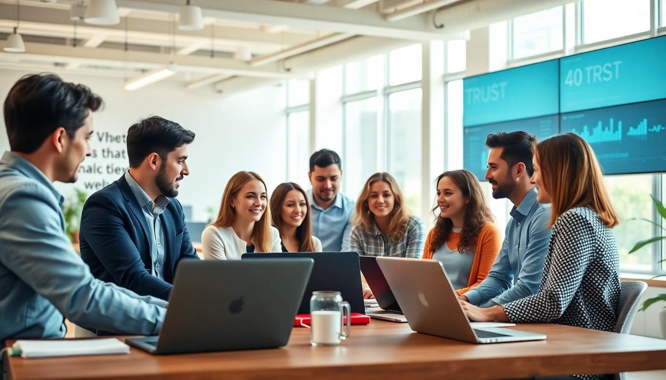 Engaged professionals discussing digital marketing agency services in a bright office.
