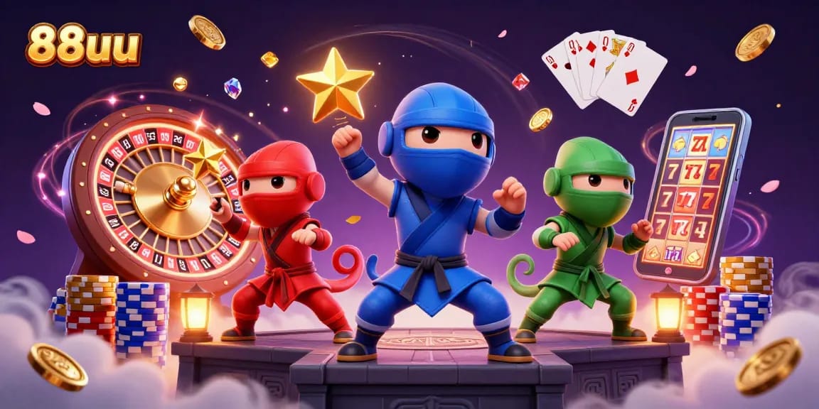 Experience the thrill with 88uu as chameleon ninjas master casino games amidst cascading gold and gems.