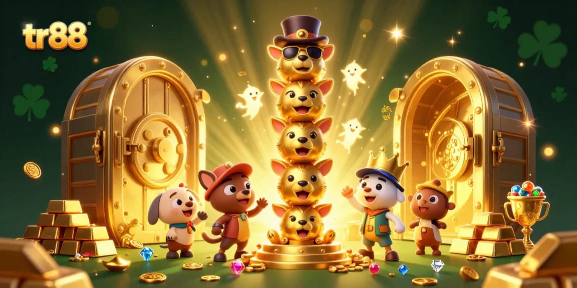 Engage with tr88's vibrant casino scene featuring a golden totem surrounded by treasures.