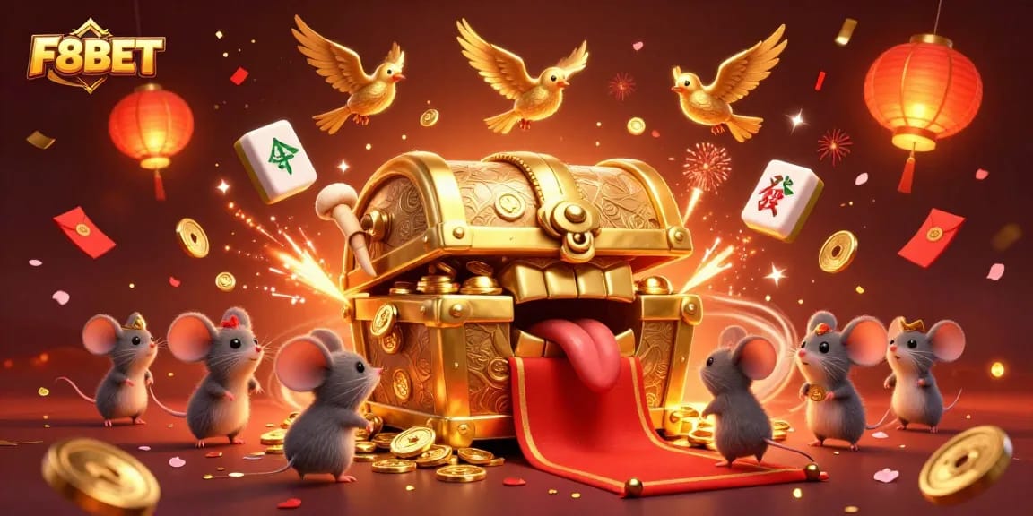 Engage with the vibrant F8BET illustration showcasing 3D casino treasures and exciting game elements.