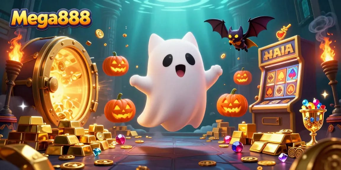 Play mega888 slots with a haunted ghost cat and vampire bat in a rich casino scene.