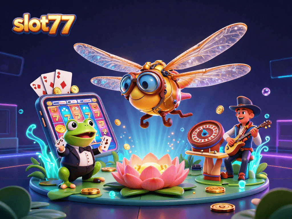 Spin vibrant slot777 reels and join the fun at an energetic lily pad casino scene.