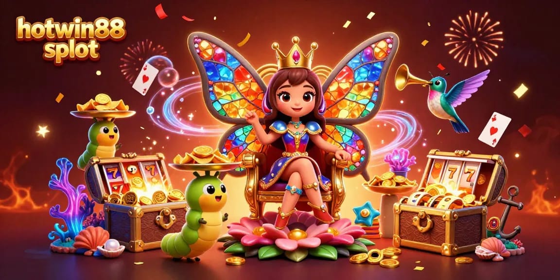 Win big at hotwin88 slot with games surrounded by vibrant illustrations of a butterfly queen and treasure.