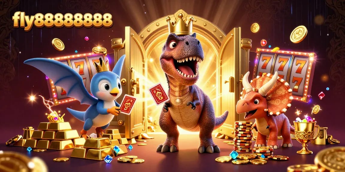 Experience exciting gaming at fly88888888, featuring a vibrant casino scene with T-Rex and friends.