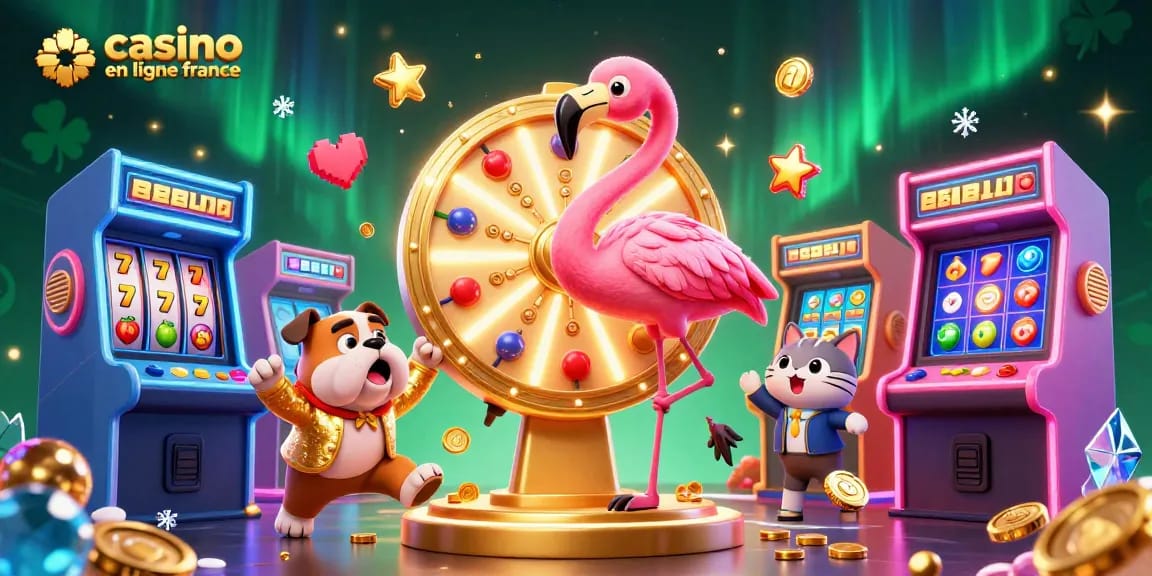 Une illustration dynamique de casino en ligne France avec un hôte de jeu, un bulldog enthousiaste et des machines à sous colorées.