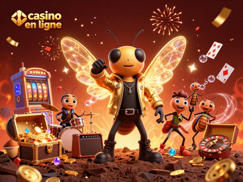 Profitez de l'ambiance d'un casino en ligne avec une rock star de cigale, des éléments de jeu et une énergie festive.