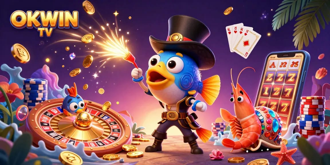 Experience winning with OKWIN TV as the anglerfish attracts treasures in a vibrant casino scene.