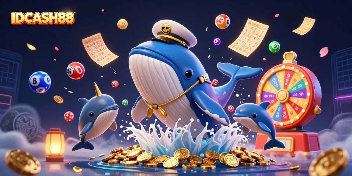 Immerse yourself in the excitement of IDCASH88, where a cartoon whale and friends celebrate with colorful lottery elements.