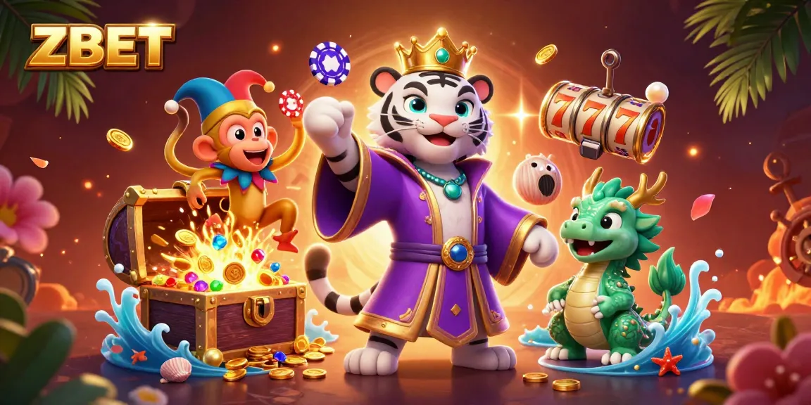 ZBET presents a vibrant scene featuring a white tiger, monkey, and dragon with dynamic casino-themed symbols.