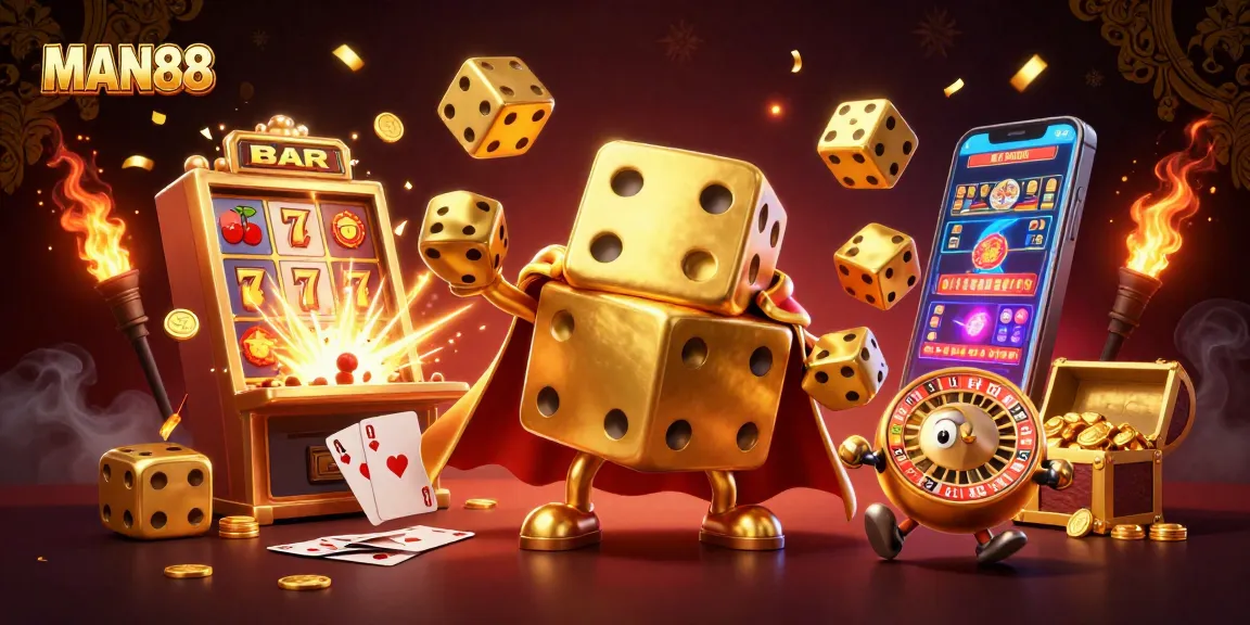 MAN88 offers thrilling gaming with golden dice and a slot machine bursting with coins.