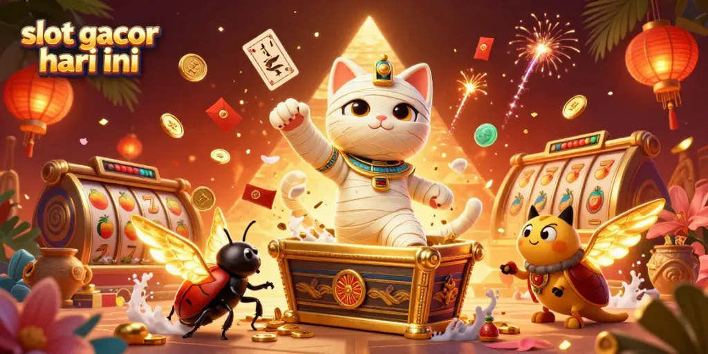 Menghadirkan "slot gacor hari ini", ilustrasi 3D kucing mummy dalam kasino menghadapi jackpot dan simbol slot.
