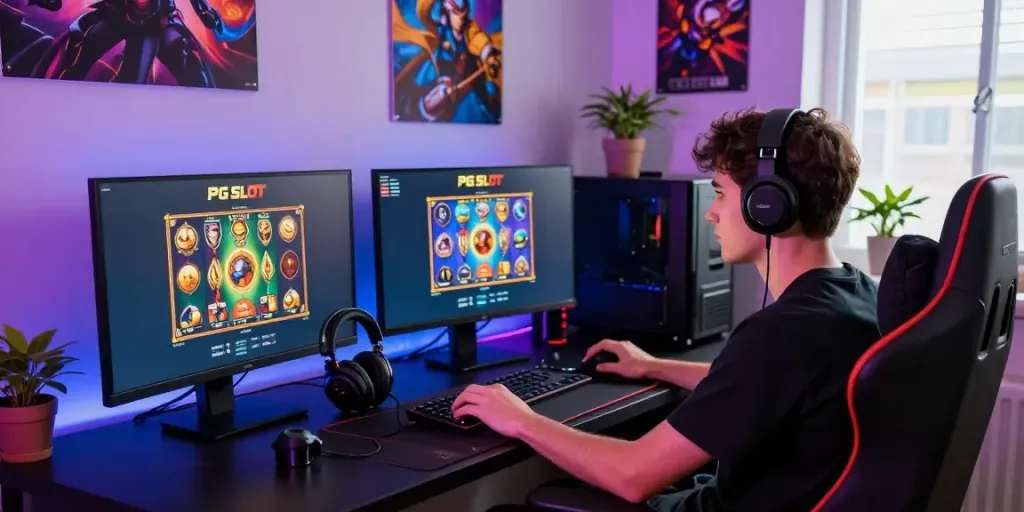 Engaged user playing PG SLOT game on a vibrant gaming setup.