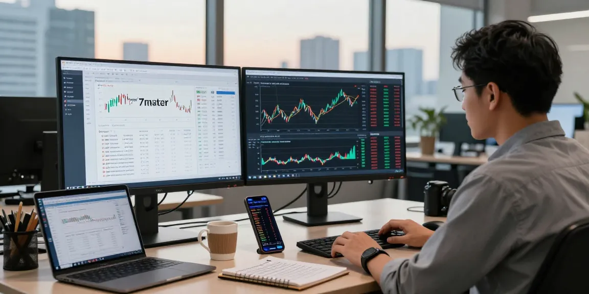 Financial analyst updating stock trends and 'Prediksi 7meter' forecasts at a modern desk in a bright office.