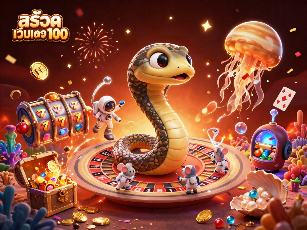 Engage with สล็อตเว็บตรง100 in this vibrant casino-themed cosmic scene featuring a Saturn ring snake roulette!