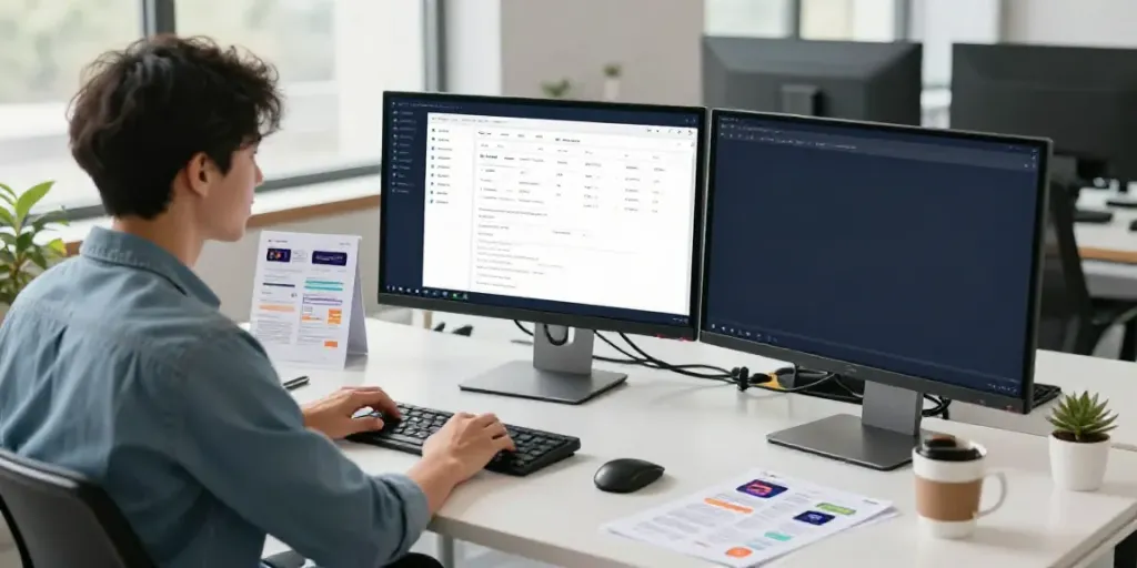 AI content creation for affiliate marketers in a modern workspace with dual monitors and marketing materials.