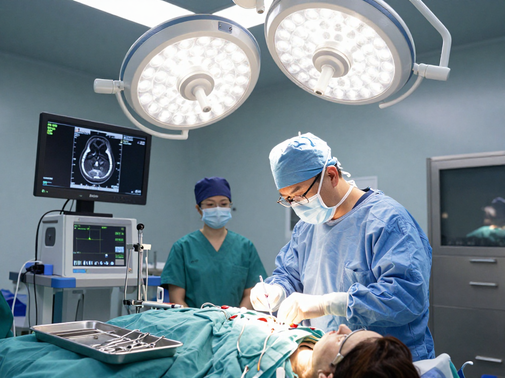 Bel kayması ameliyatı in a modern surgical room with a surgeon and advanced equipment.