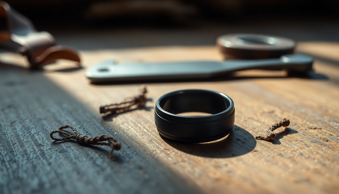 Showcase of dark mens wedding bands with intricate designs and textures on a rustic surface.