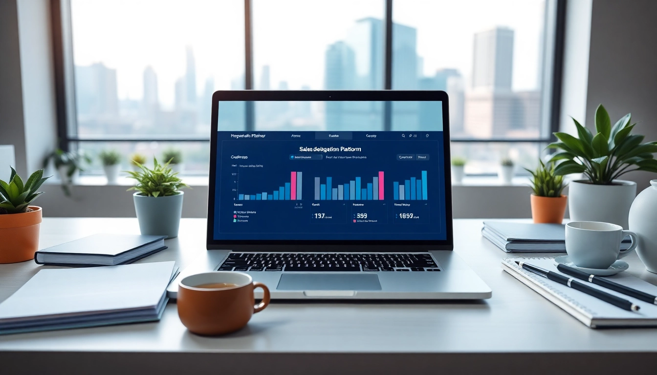 Maximize productivity with a sales delegation platform interface on a sleek laptop in an organized office.