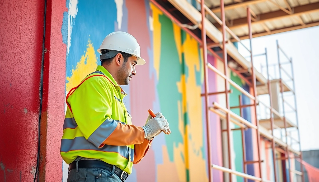 Commercial paint contractor applying vibrant colors on a building's façade with expertise.