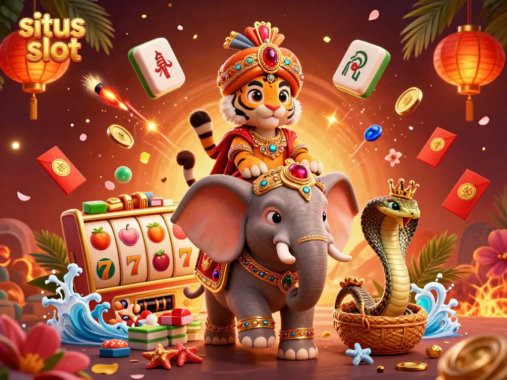 Situs slot yang menampilkan karakter maharaja harimau dan gajah dalam ilustrasi 3D yang memukau.