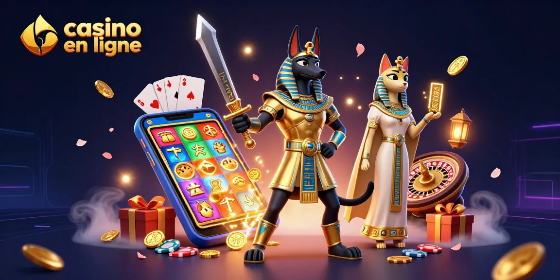 Jouez au casino en ligne avec Anubis et Bastet entourés de jeux de machines à sous et de cartes.