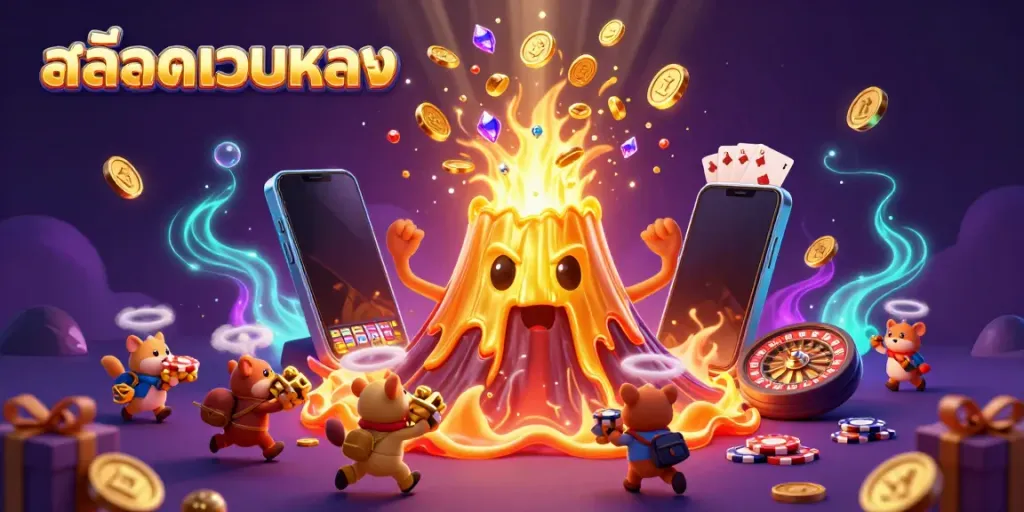 Experience สล็อตเว็บตรง's vibrant winning energy with a cartoon volcano erupting coins and fun elements.