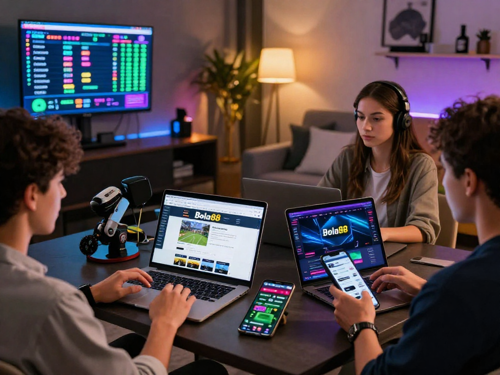 Bola88 users actively engaging in digital sports betting with modern interfaces and live updates.