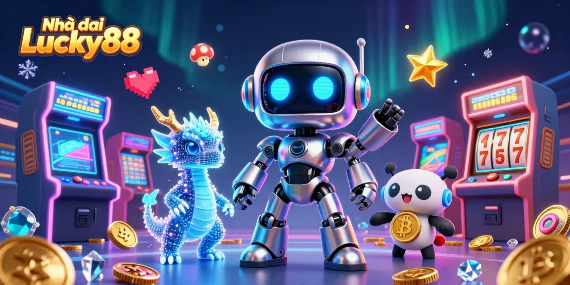 Engage with Nhà cái Lucky88 featuring a vibrant 3D casino scene with slot reels and characters.