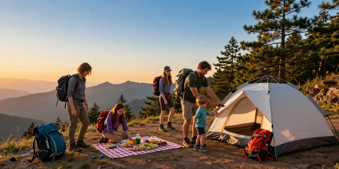 Family enjoying outdoor activities in scenic mountain landscape, capturing the adventurous spirit of mantra88.