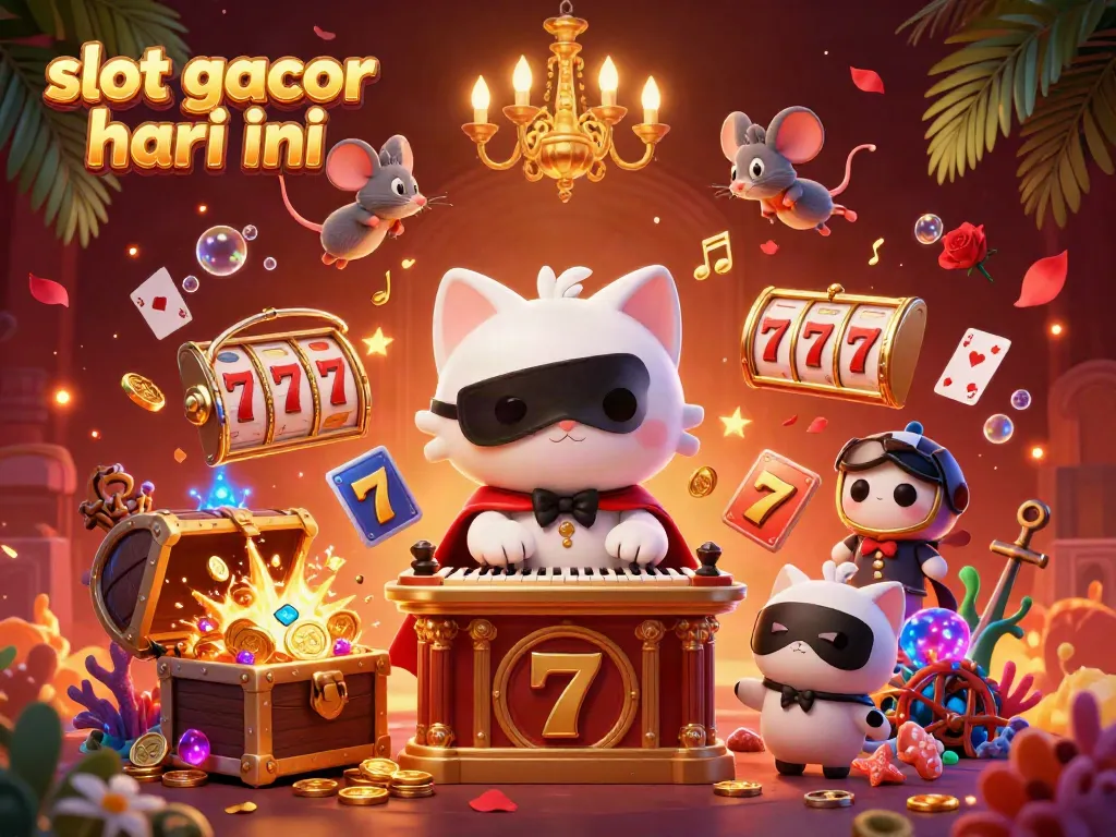 Exciting slot gacor hari ini moment featuring a masked cat at a casino organ with floating elements and casino treasures around.