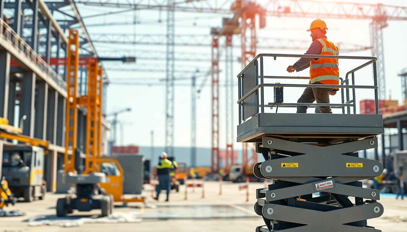 Worker operating a manlift in a busy construction site for safe elevation.