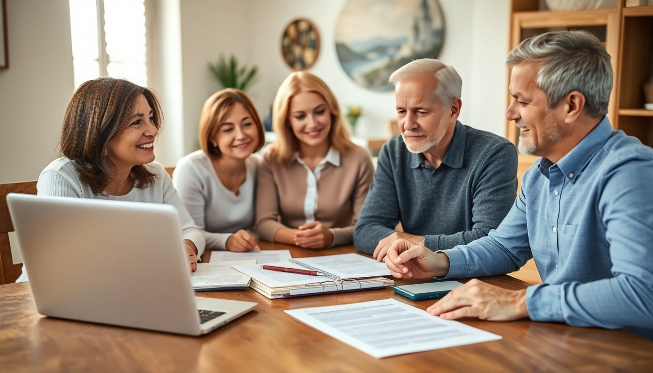 Discussing Wills at a dining table with family, surrounded by legal documents.