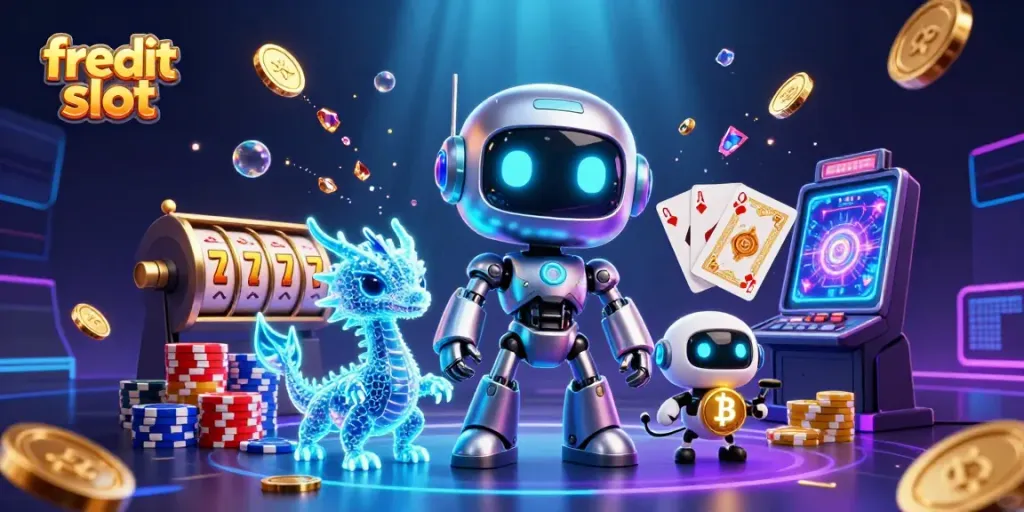 Engage in the excitement with free kredit slot at a vibrant online casino, showcasing neon characters and rich gambling elements.