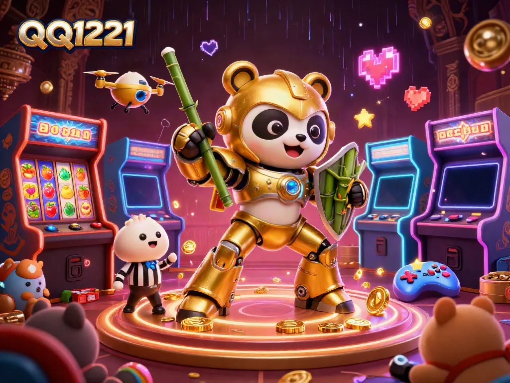 Engage in the thrilling QQ1221 gaming experience with a vibrant 3D casino scene featuring animated characters.