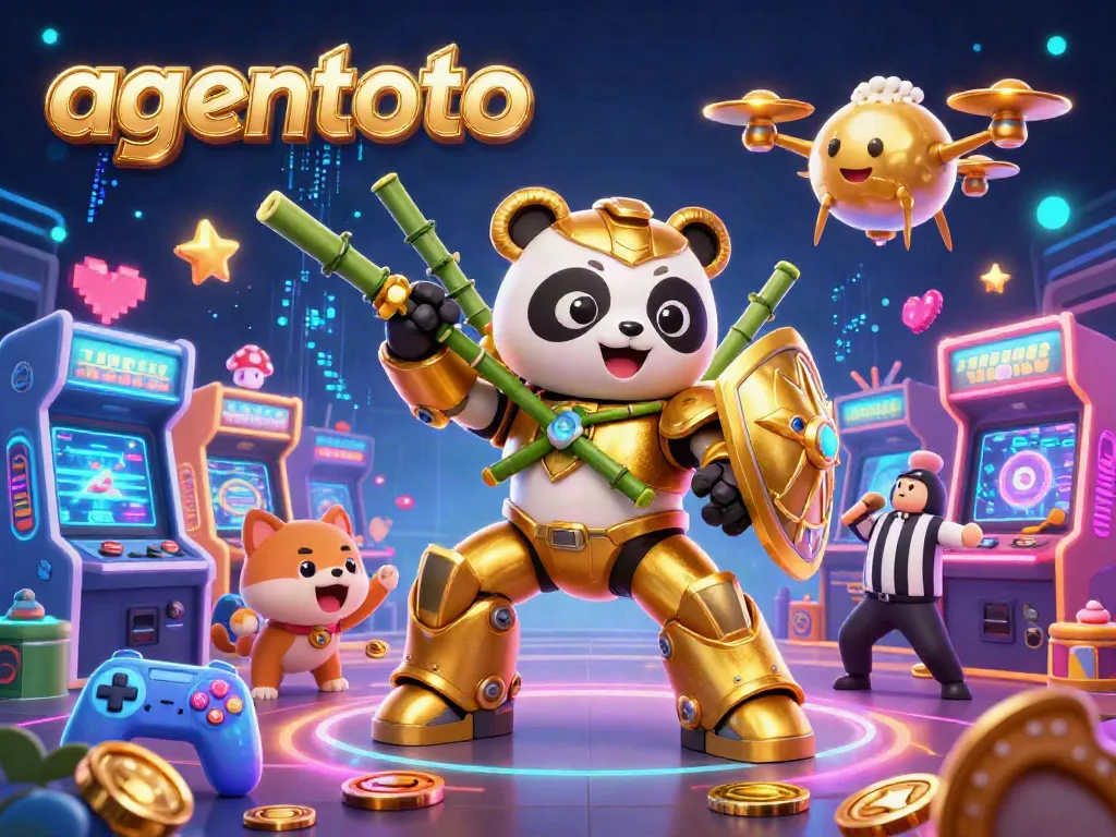 Engage in thrilling gameplay with agentoto's vibrant 3D illustration of a mech-suit panda amidst a lively gambling arena.