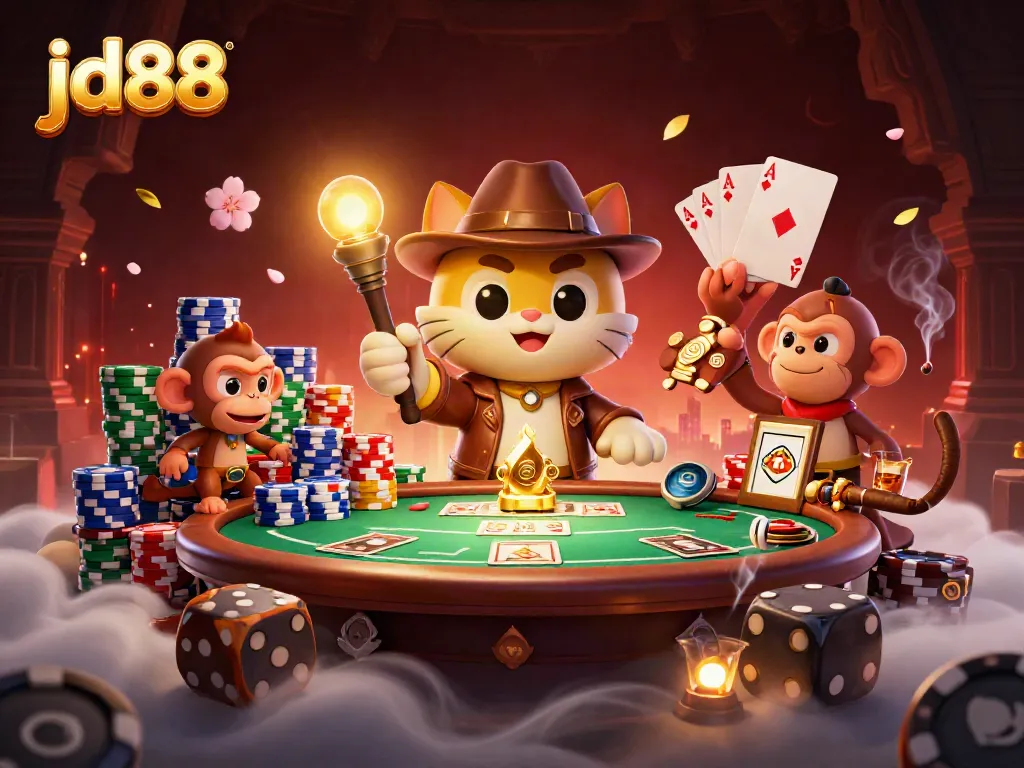 Engage with exciting games at jd88 as a 3D explorer cat discovers casino treasures in a mystical temple.